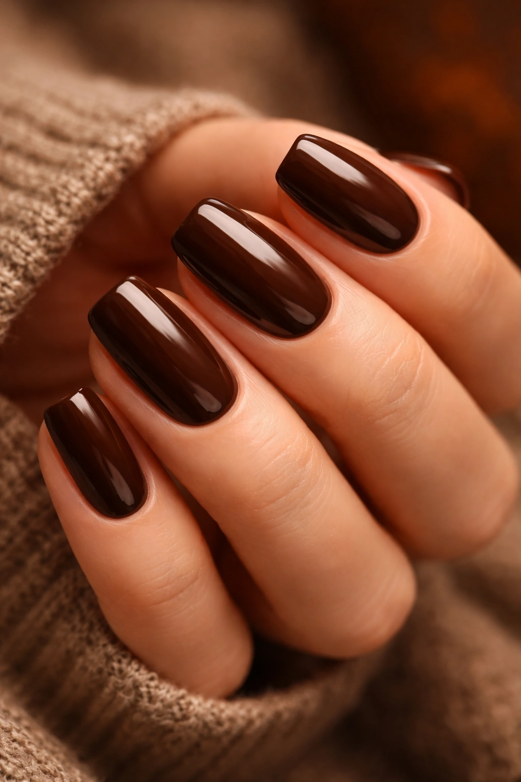 Close-up of espresso brown nails on a hand with a plain background