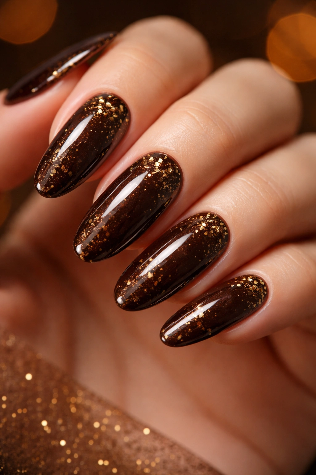 Close-up of long oval espresso brown nails with delicate gold flecks.