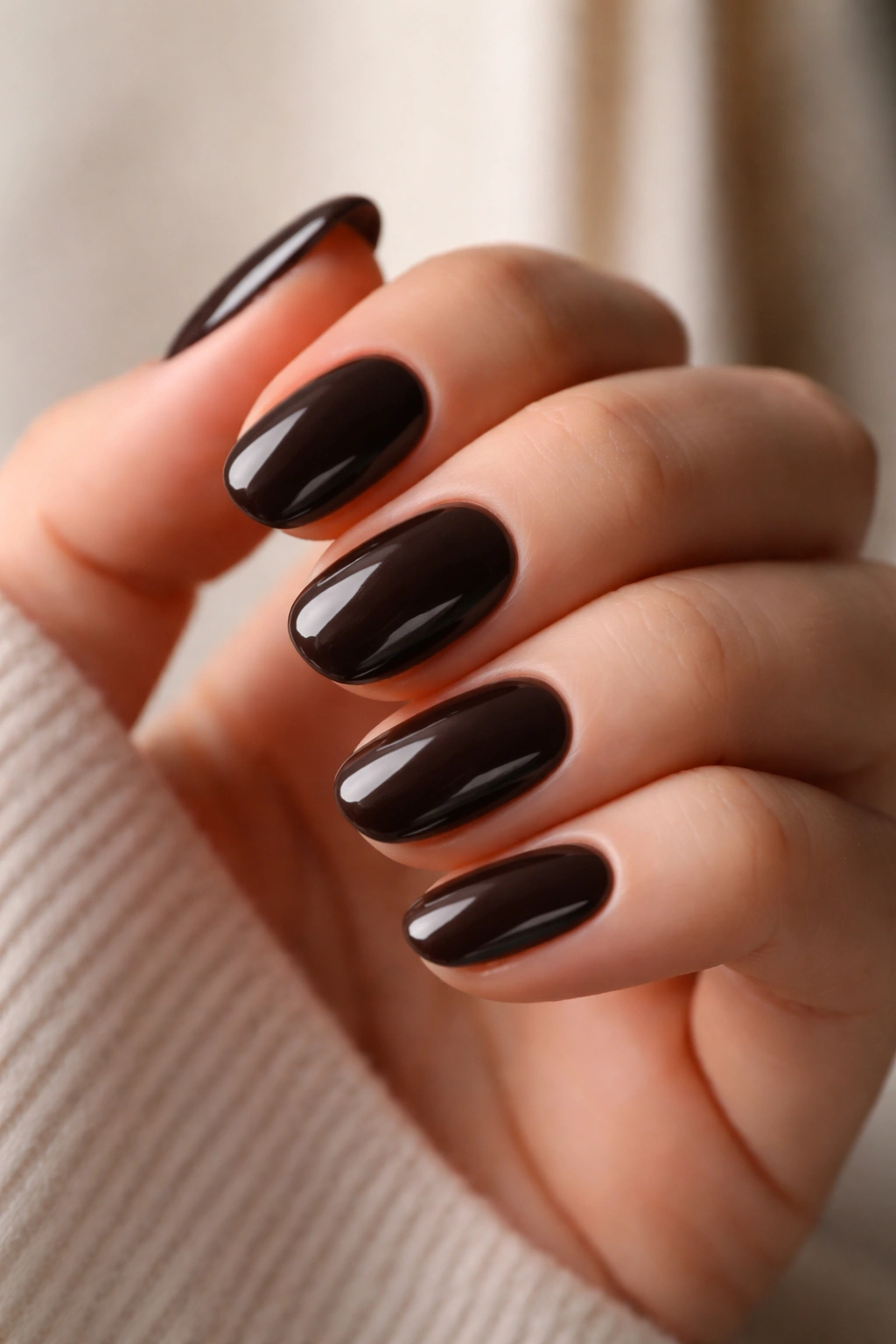 Close-up of short oval nails in espresso brown with cream finish