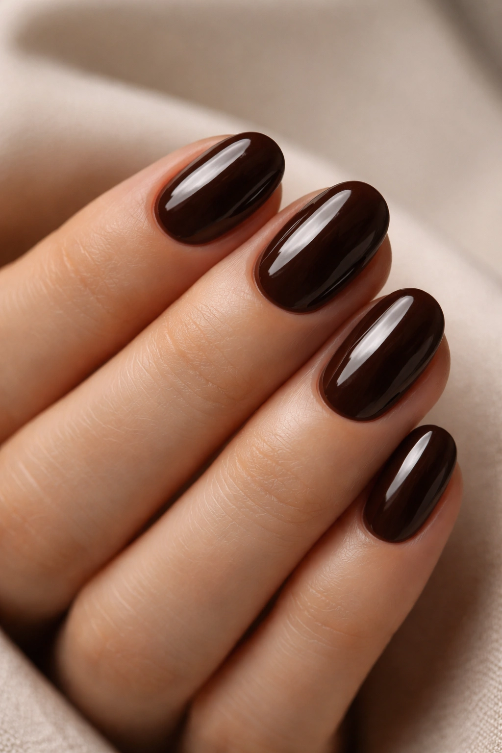 Close-up of short oval nails in espresso brown gloss