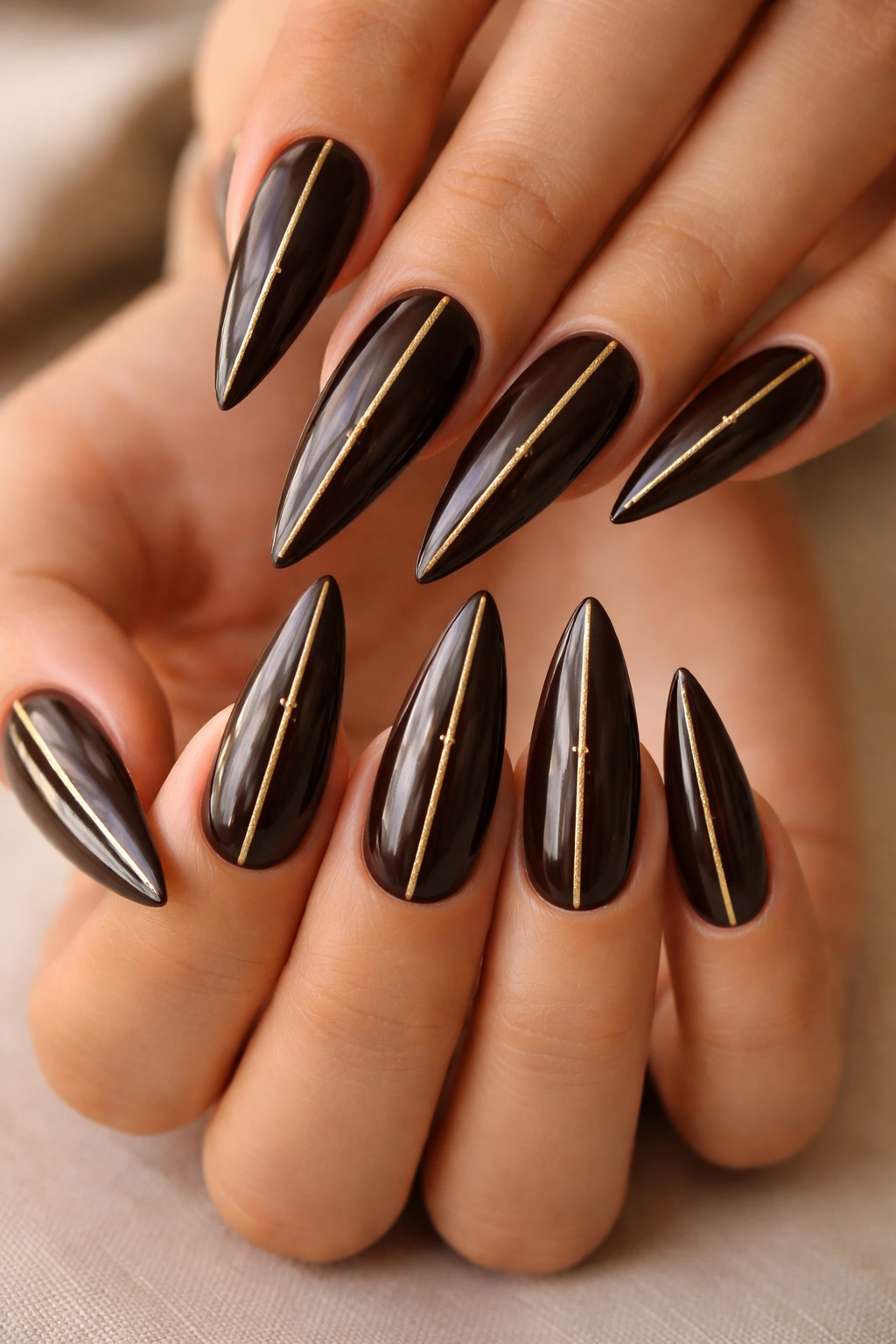 Close-up of espresso brown nails with gold accents on stiletto nails against a neutral background