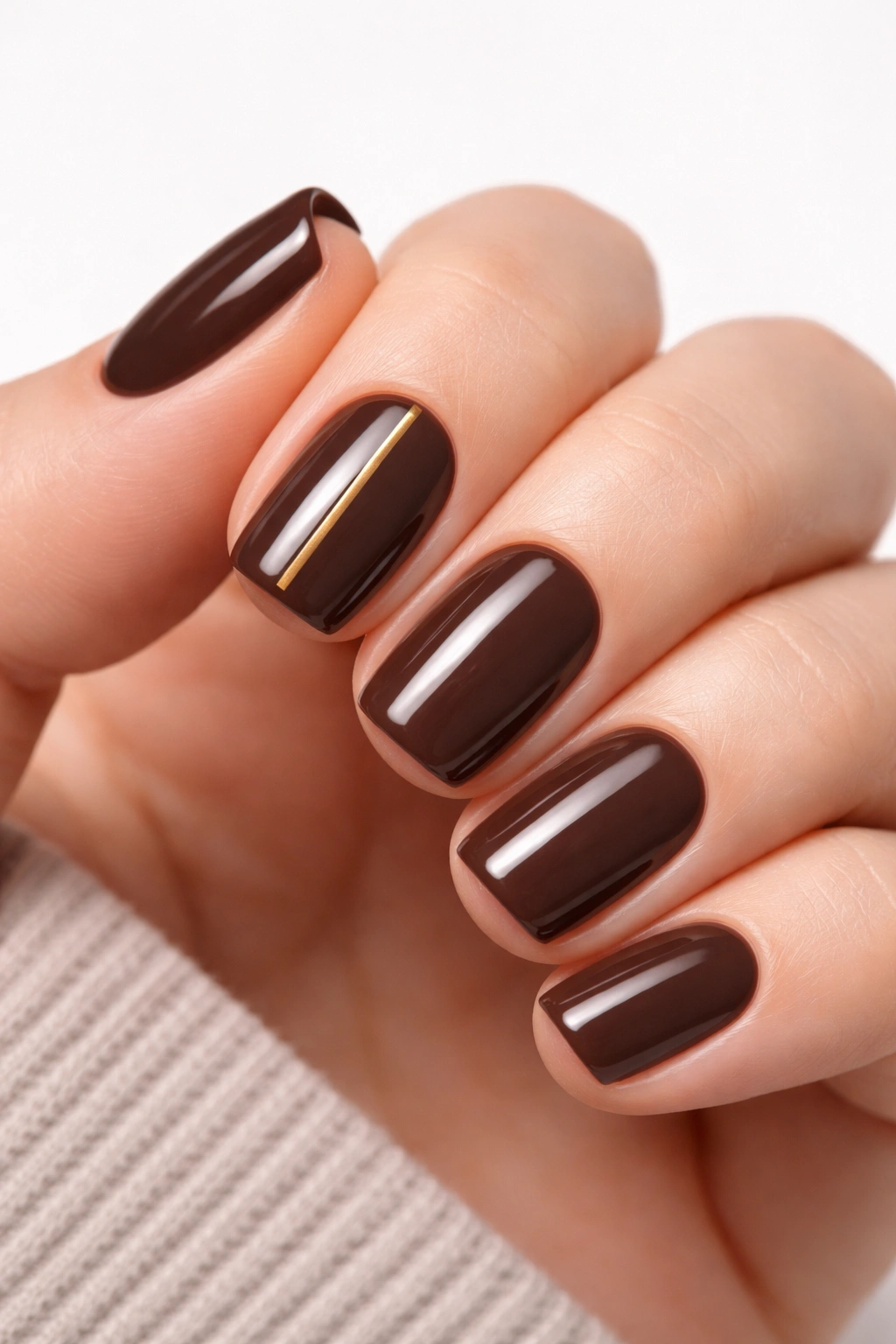 Close-up of espresso brown squoval nails with a minimalist gold accent line on the index nail