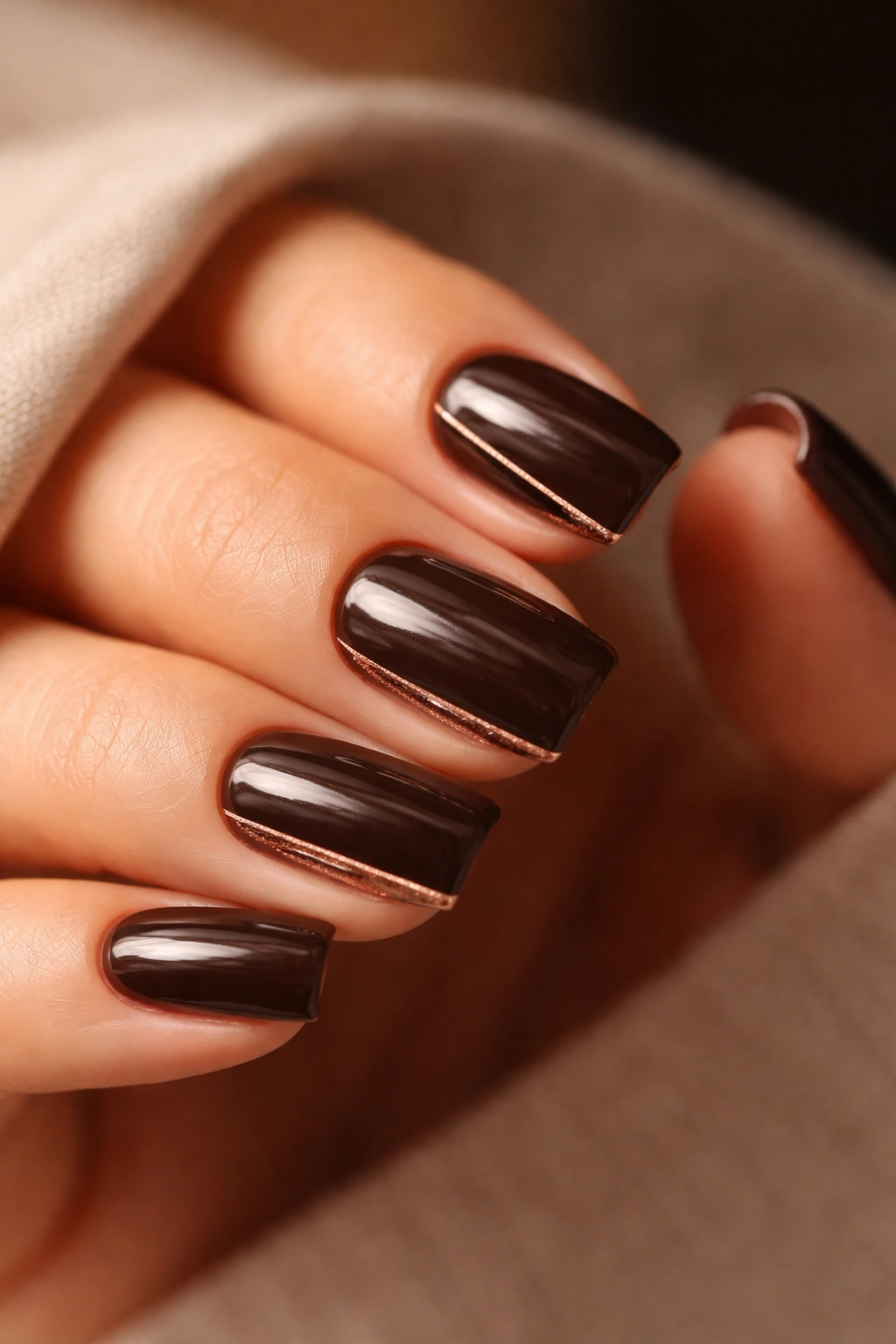 Close-up of espresso brown nails with rose gold details