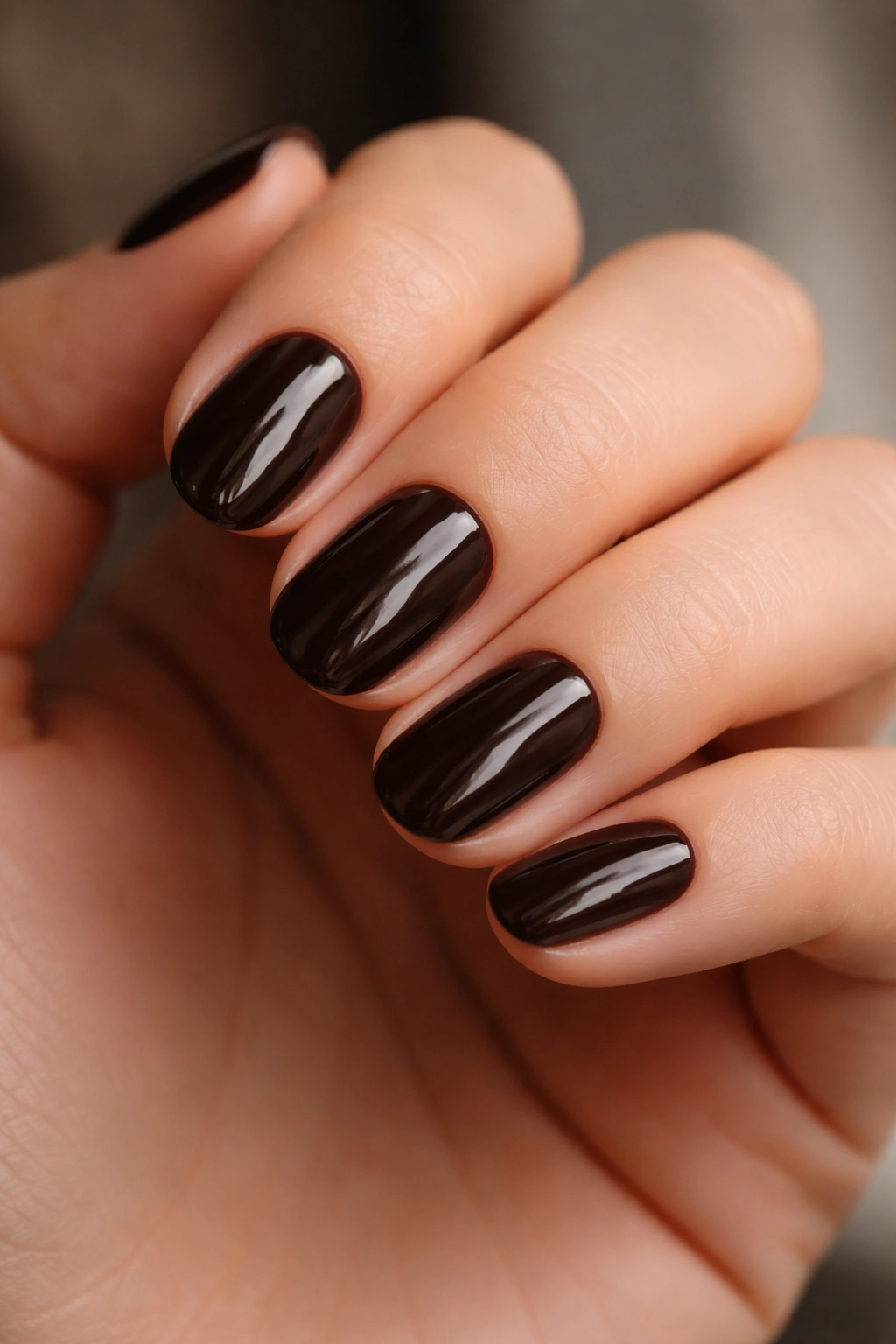 Close-up of dark espresso short oval nails