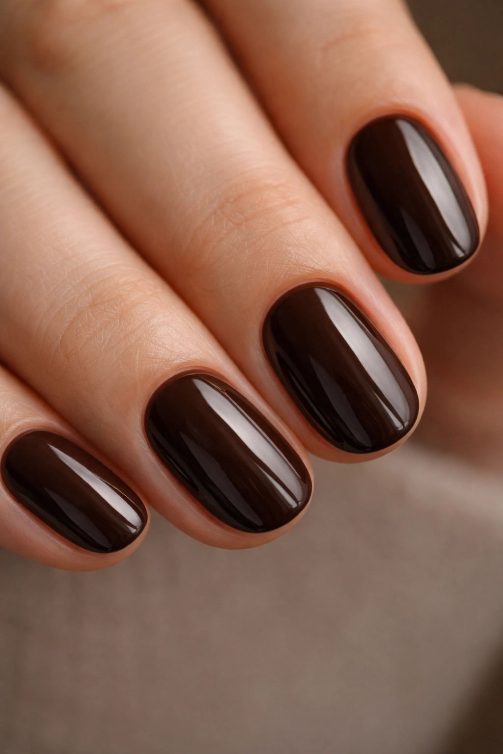 Close-up of short oval nails in espresso brown with clean side walls