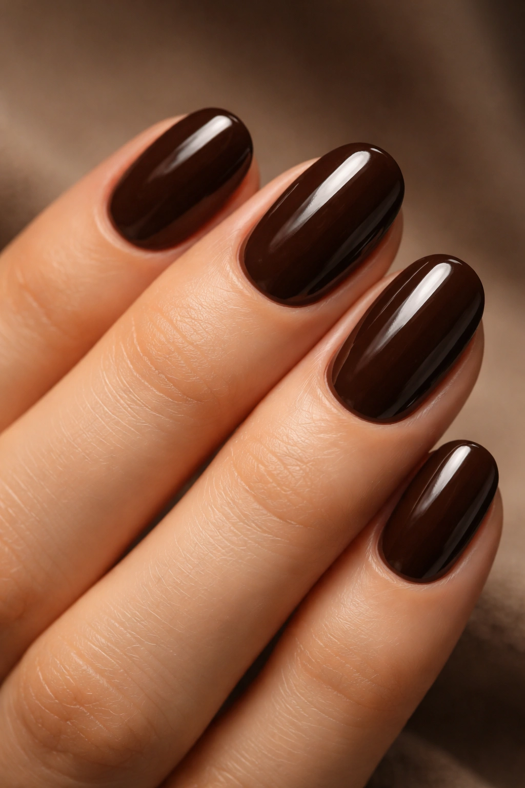 Close-up of espresso brown short oval nails with glossy finish