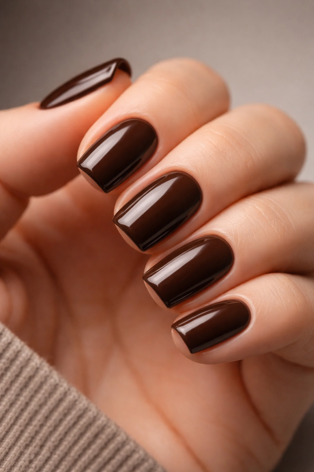 Close-up of short soft square nails in Deep Espresso Brown Creme