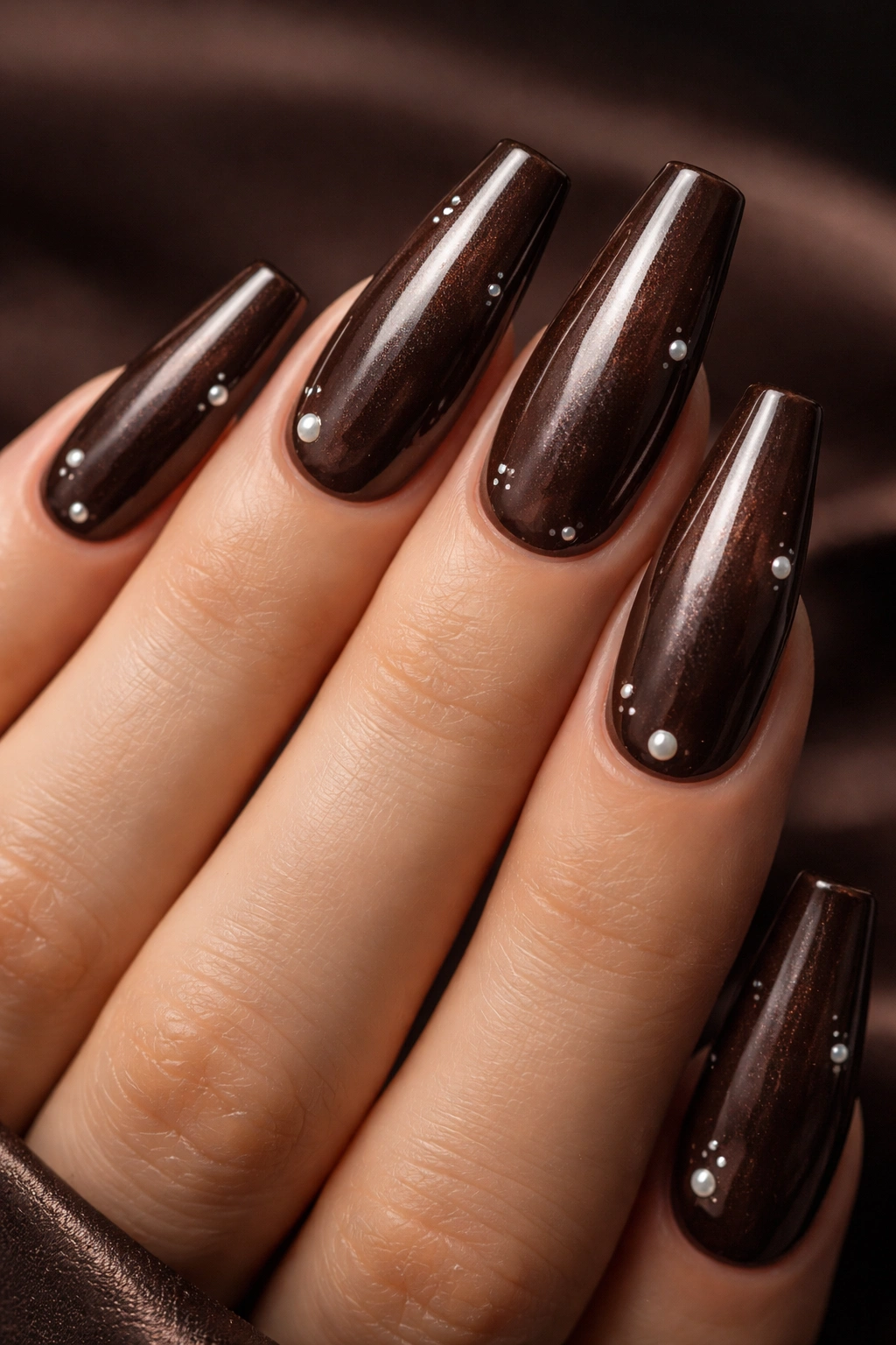 Close-up of espresso brown coffin nails with pearl accents
