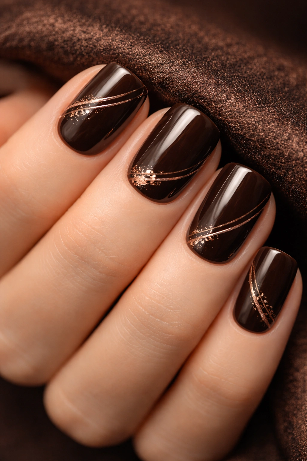 Espresso brown nails with rose gold accents on squoval nails