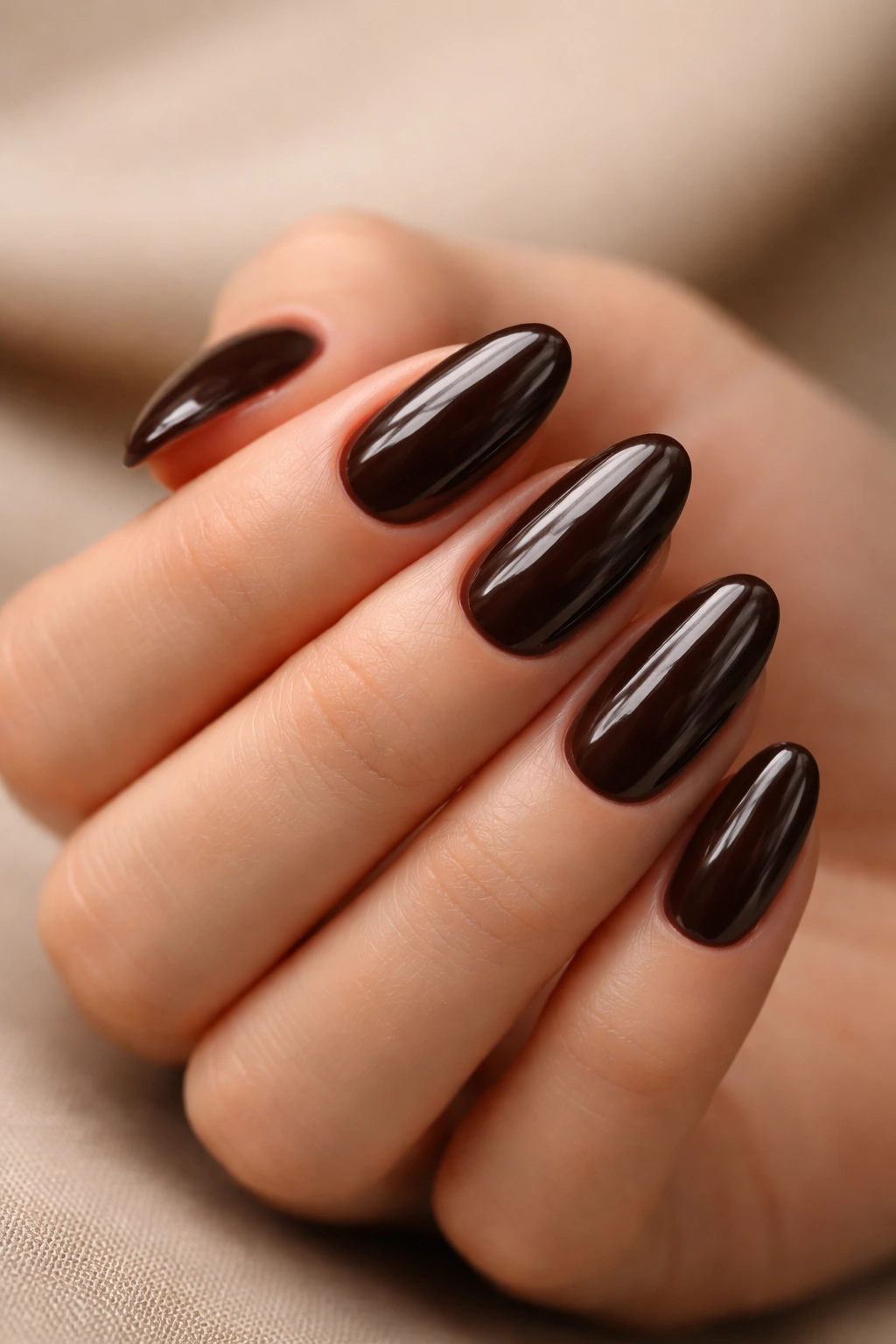 Close-up of short almond nails in espresso brown with glossy finish