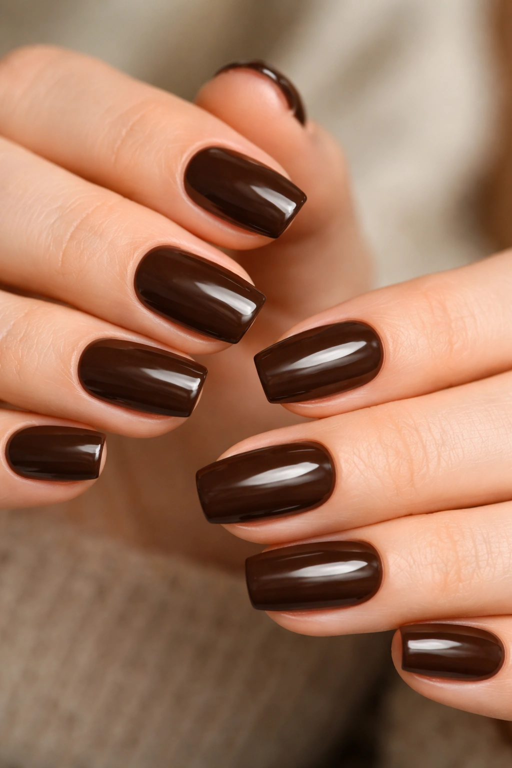 Espresso brown short ballerina nails with crisp edges