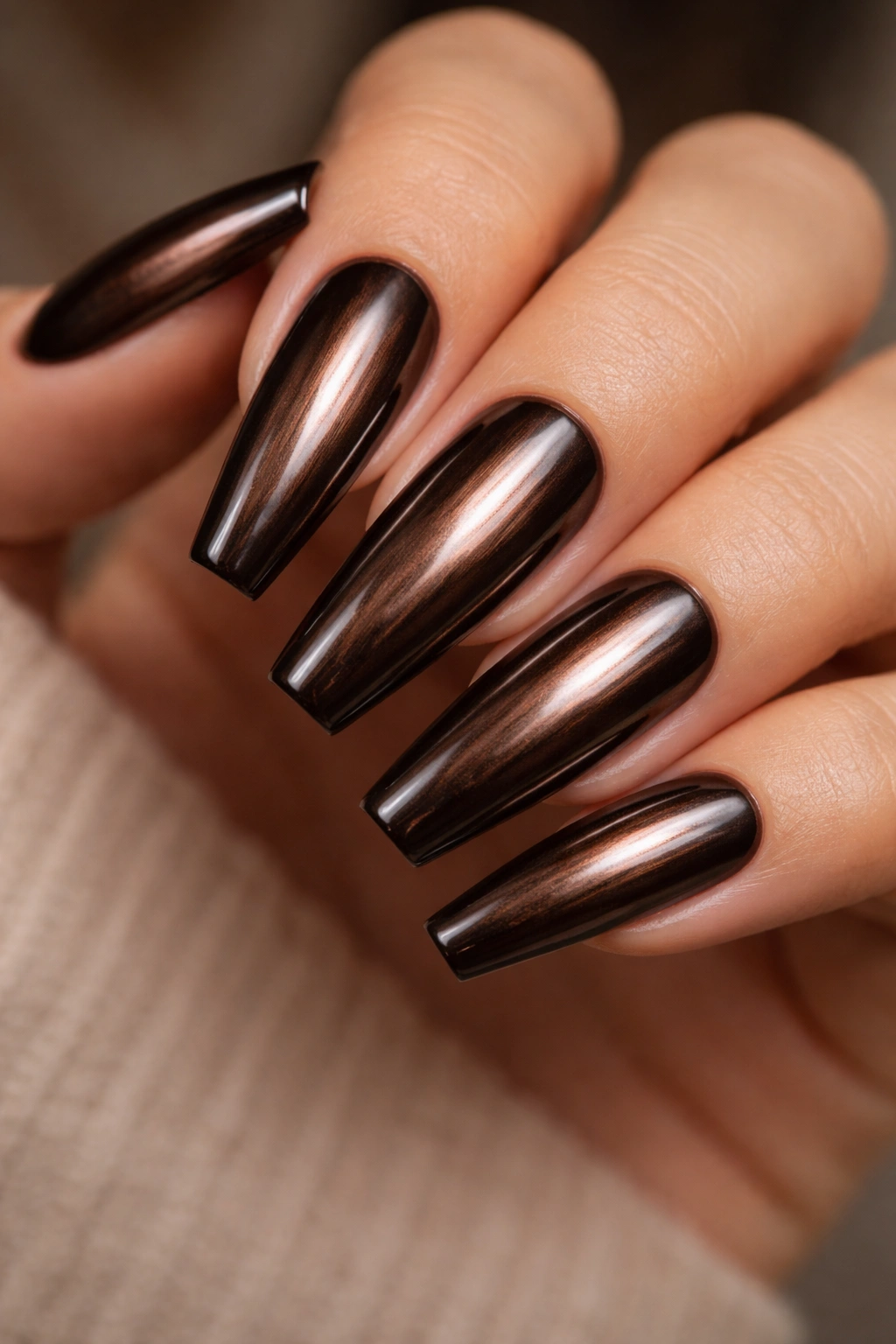 Espresso brown chrome coffin nails under warm lighting