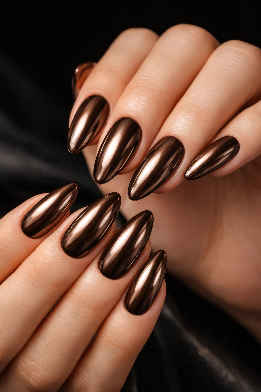 Close-up of espresso chrome nails with reflective metallic finish