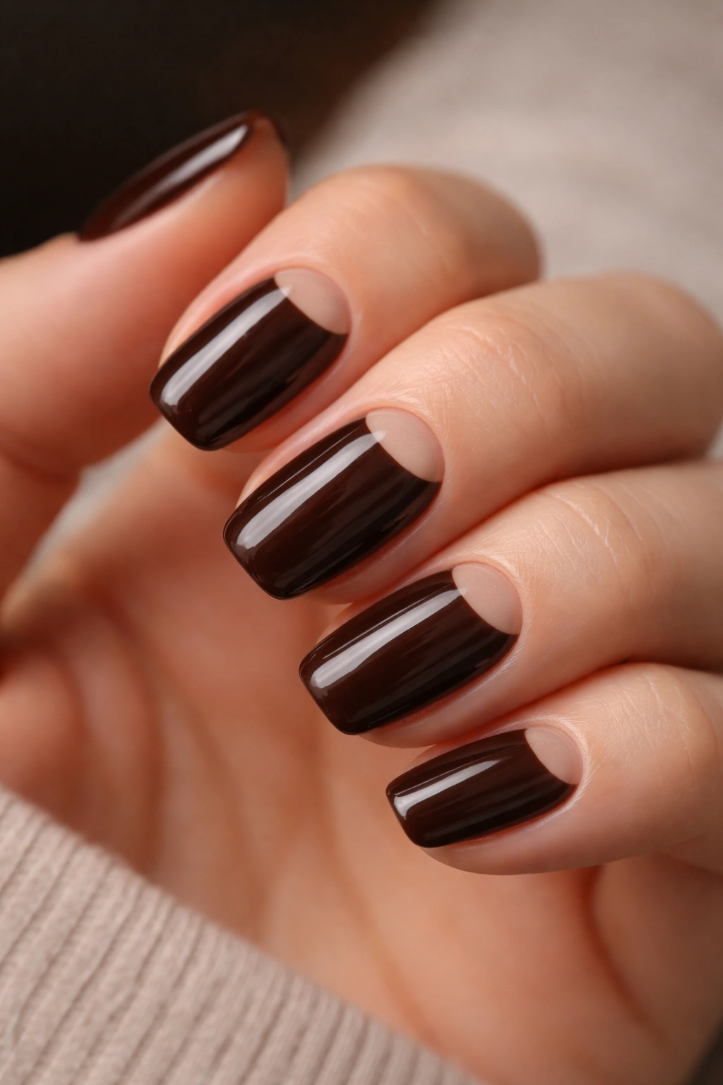 Close-up of a short nail with espresso half-moon design near the cuticle