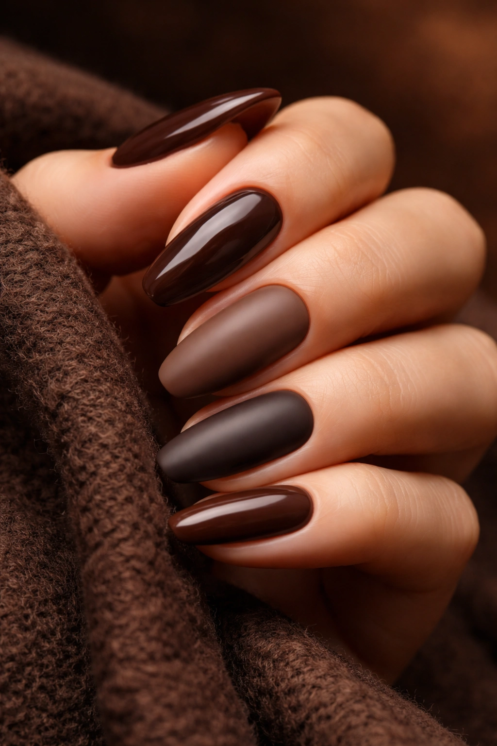 Close-up of rich espresso and mocha nails in deep brown hues