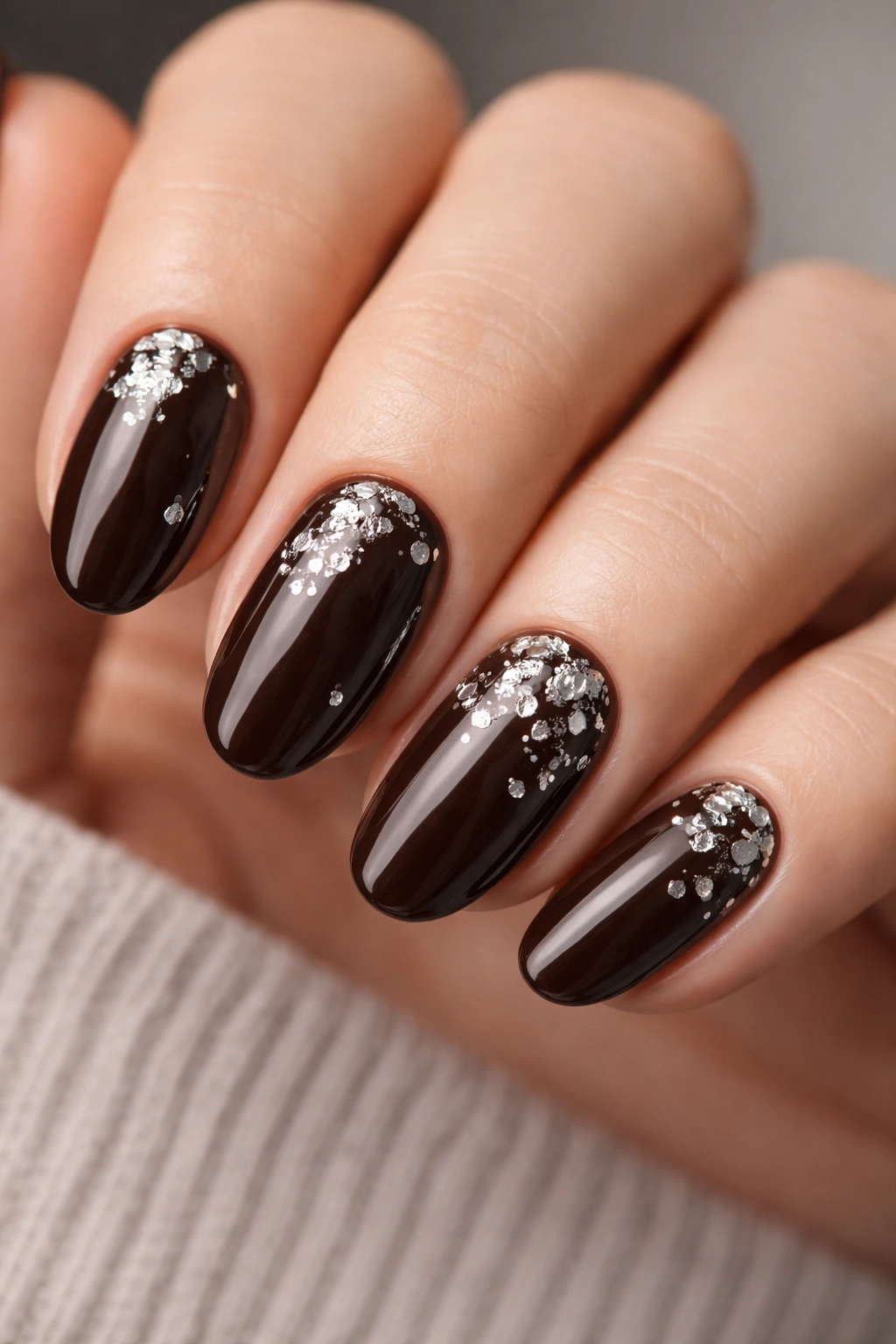 Espresso brown nails with irregular silver foil accents