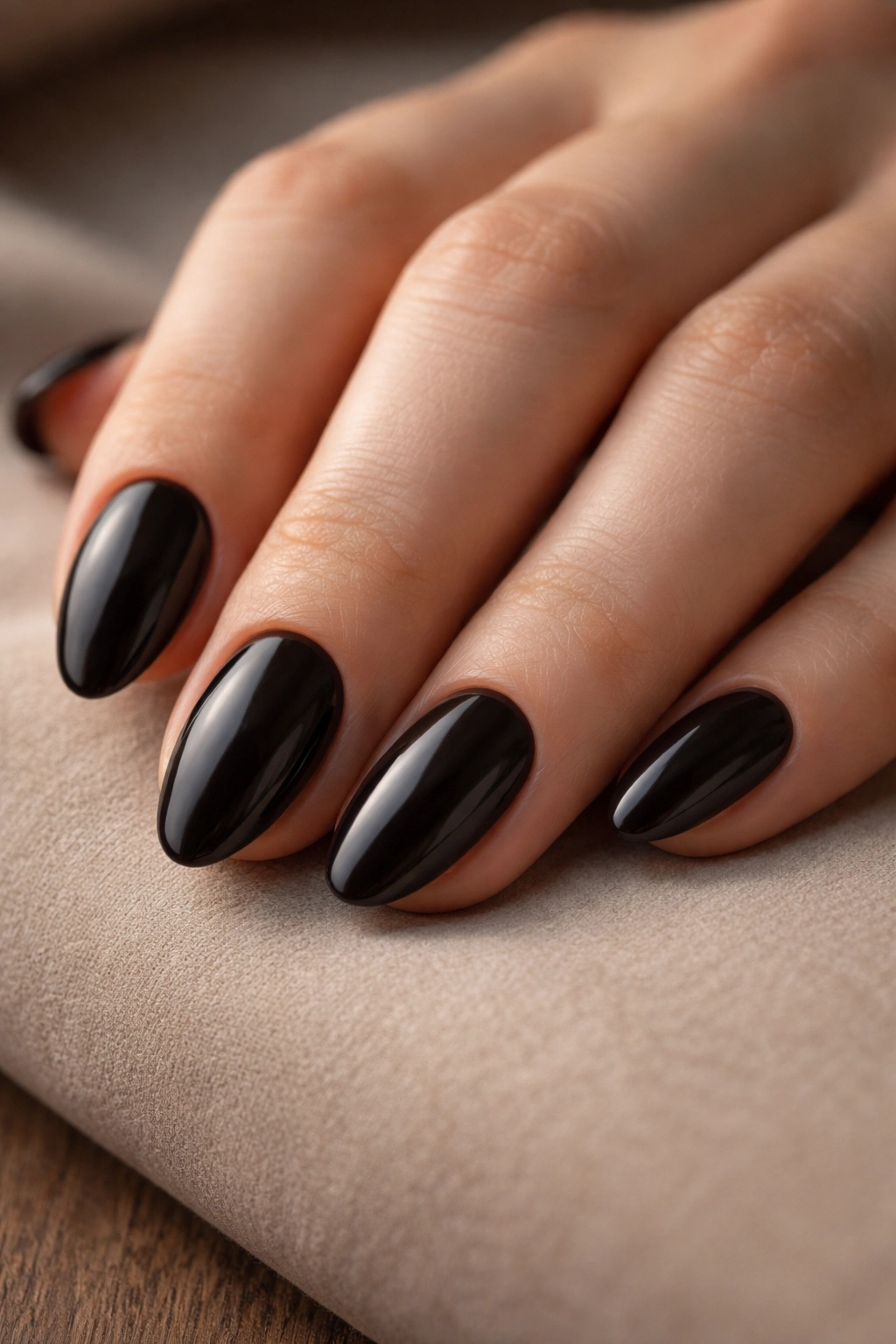 Close-up of short almond nails in near-black espresso with a soft satin sheen