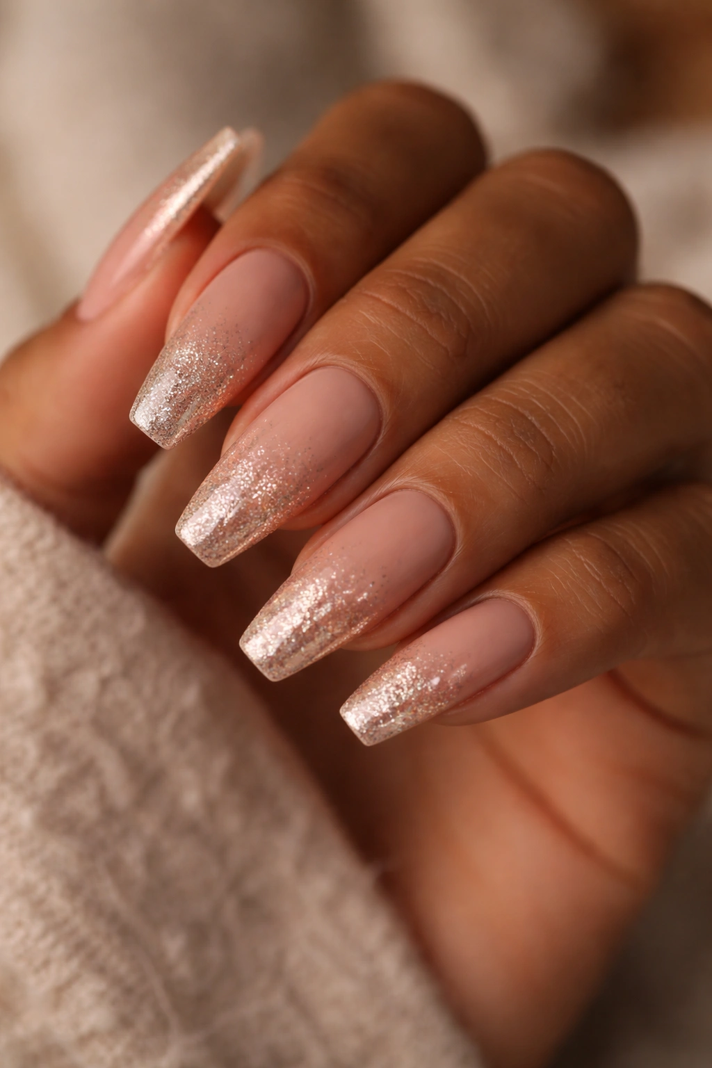 Close-up of espresso nude nails with champagne glitter fade