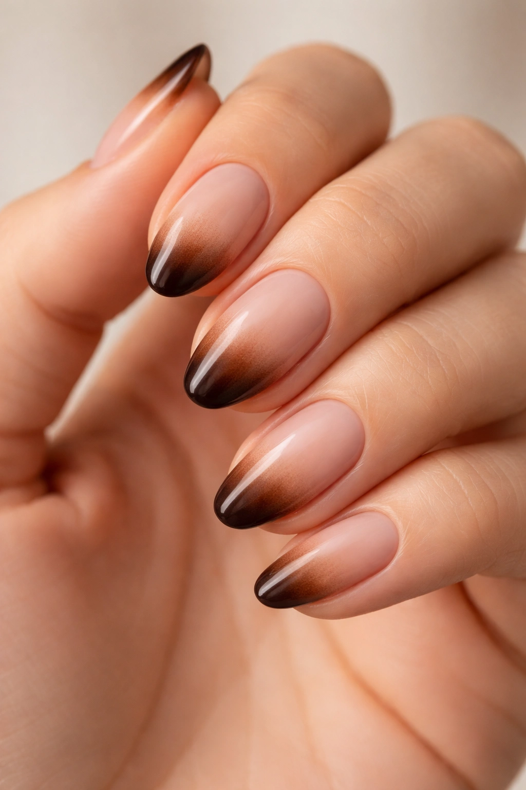 Close-up of a hand with short almond nails displaying a tight espresso ombre gradient from nude to tip