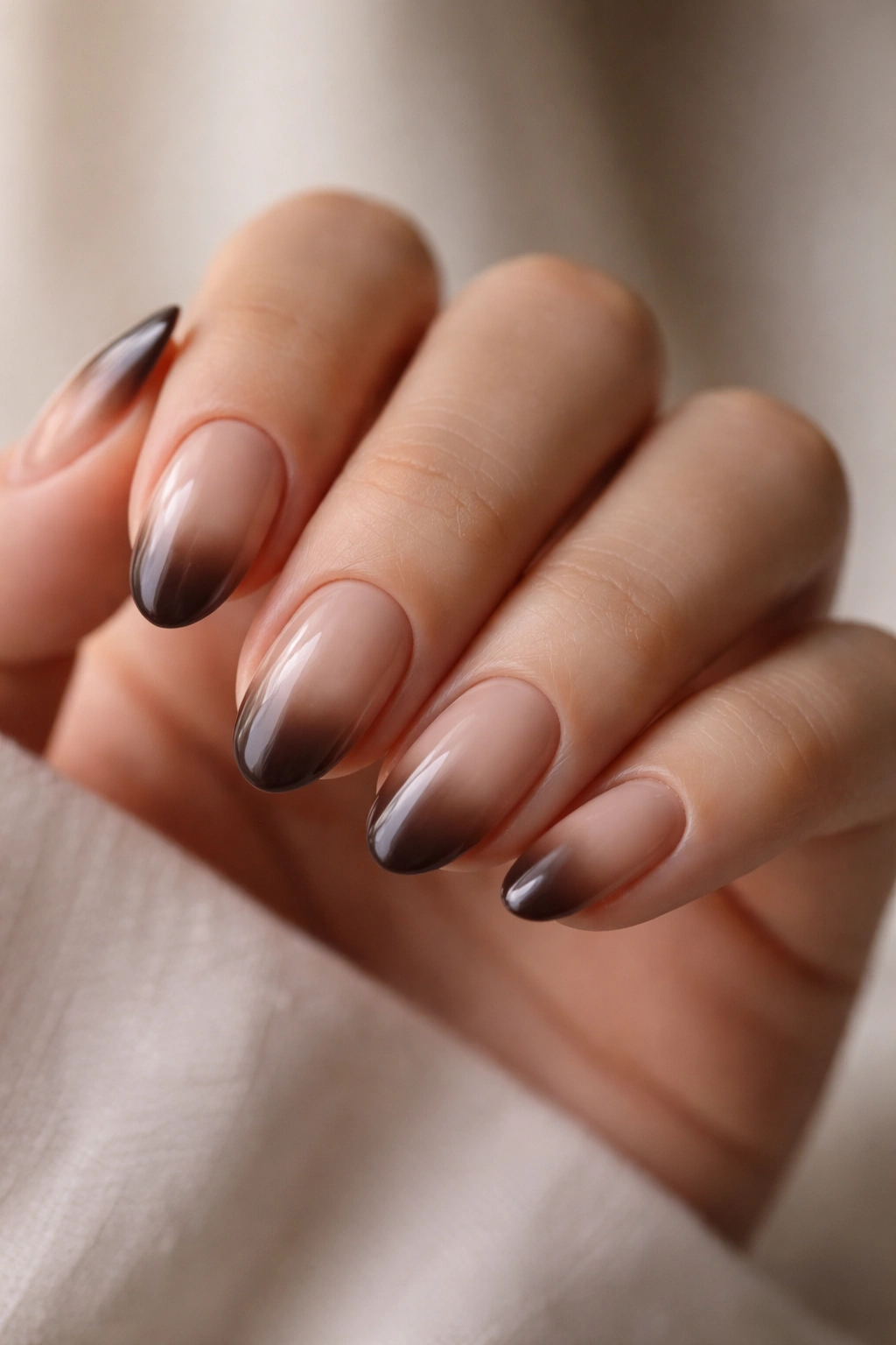 Short almond nails with espresso shadow tips gradient