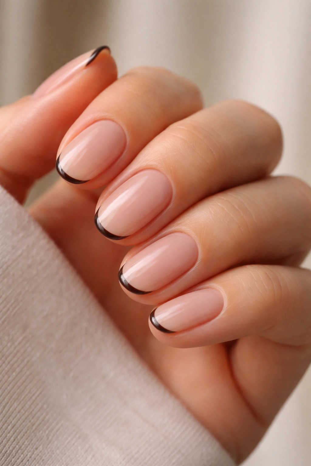 Close-up of short oval nails with nude base and espresso brown tips