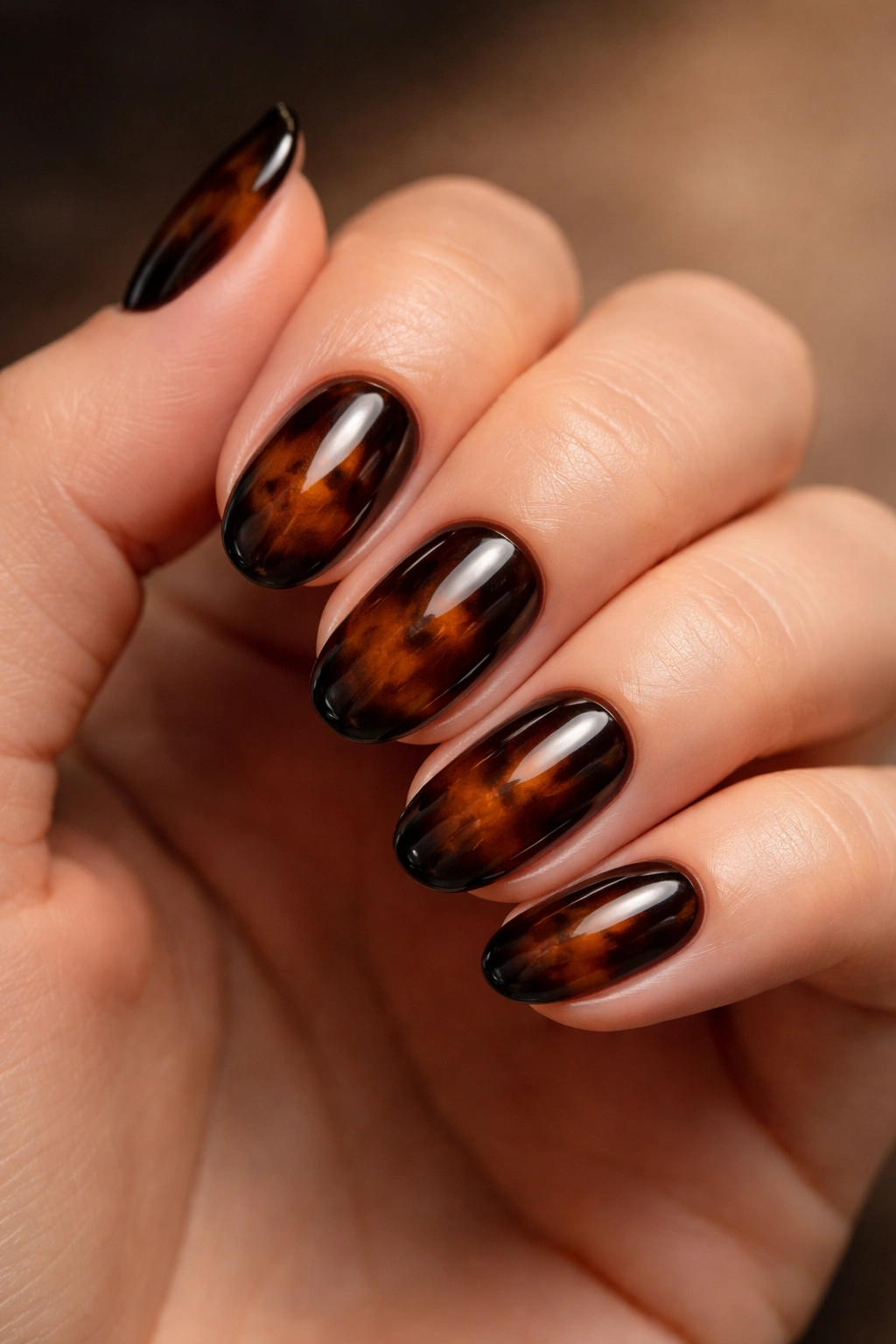 Close-up of short almond nails with deep espresso tortoiseshell and glossy edges