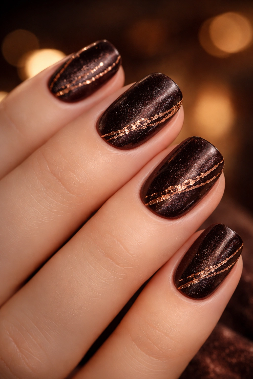 Close-up of espresso velvet nails with rose gold foil accents.