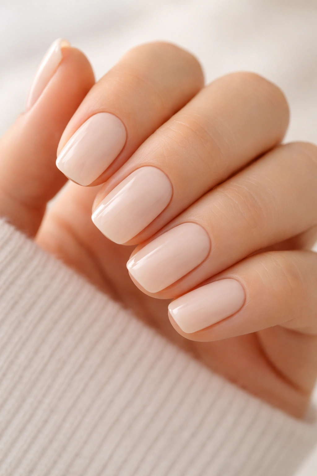 Pure nude short squoval nails with creme finish
