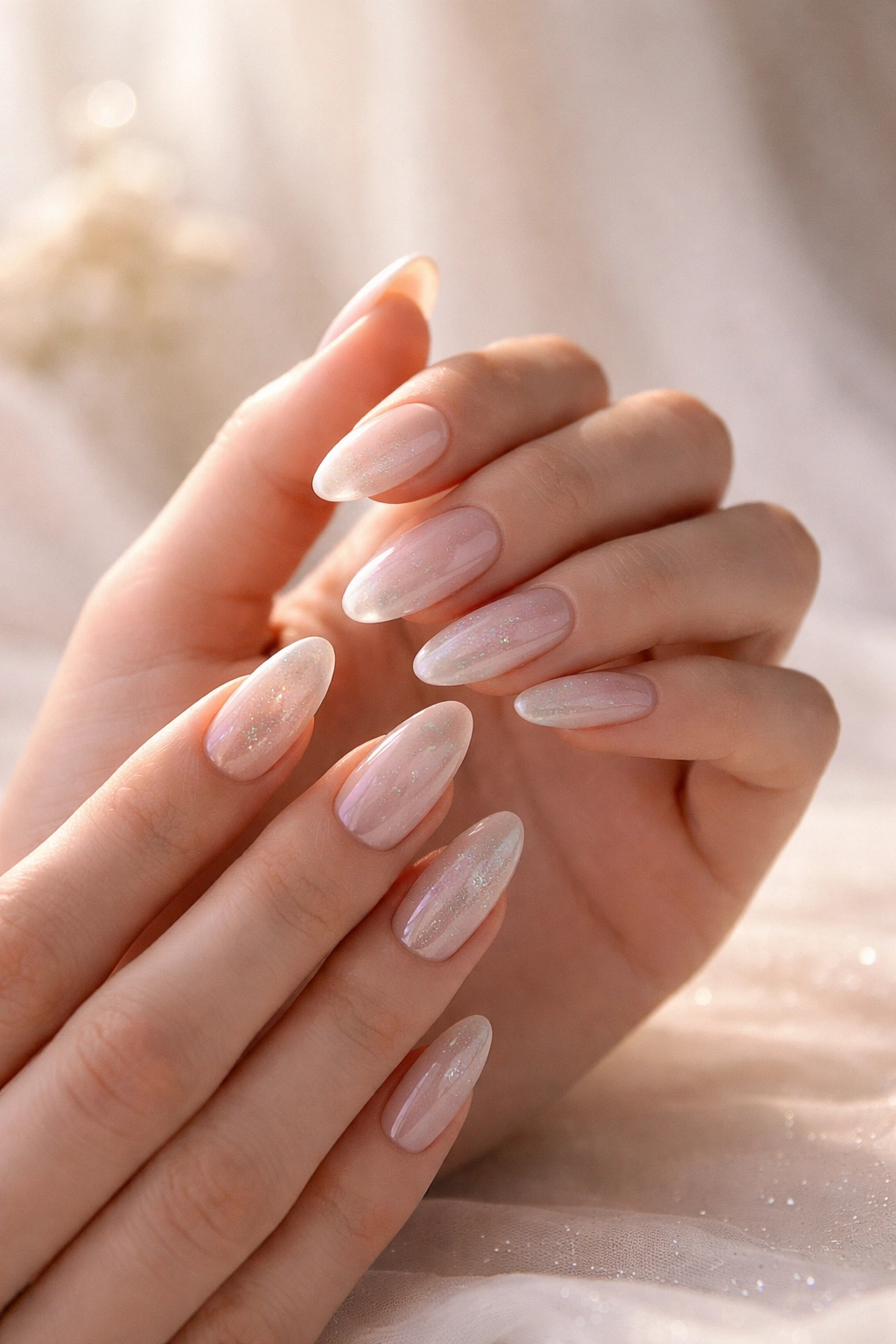Close-up of ethereal nails with soft pearlescent glow