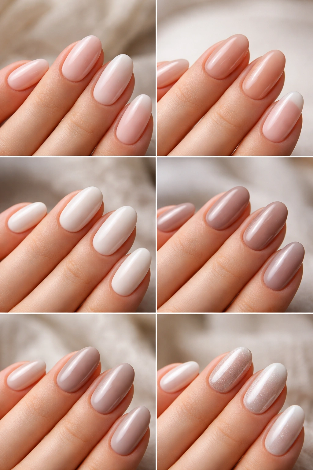 Hand with short almond nails showing a range of everyday wearable finishes