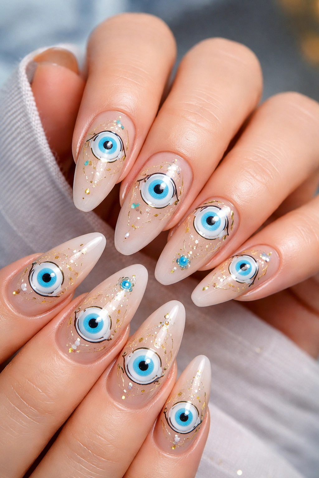 Close-up of nails with blue evil eye motifs on nude nails