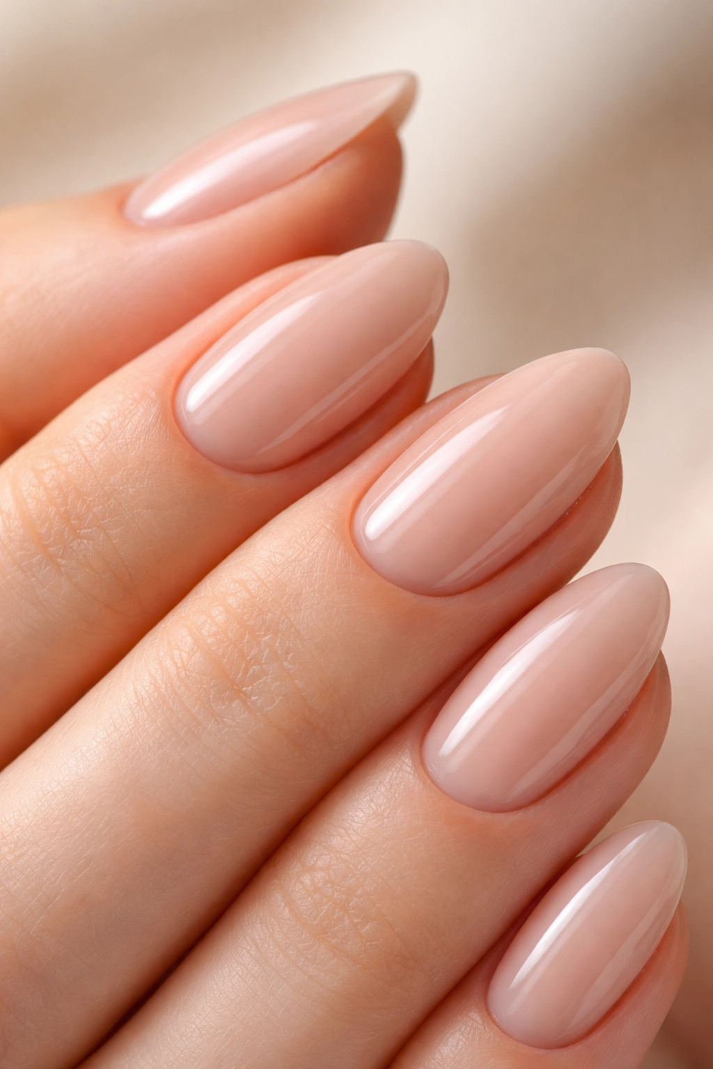 Ultra-close-up of short almond nails with glossy nude polish and perfect cuticles