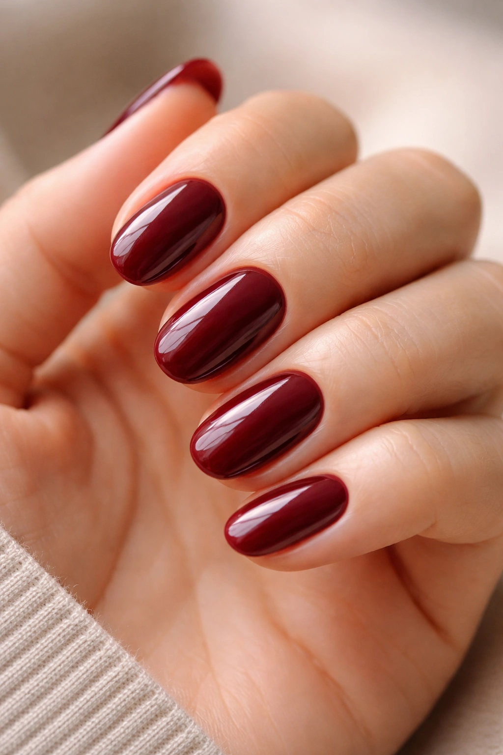 Pristine maroon short oval nails with flawless edges and gloss