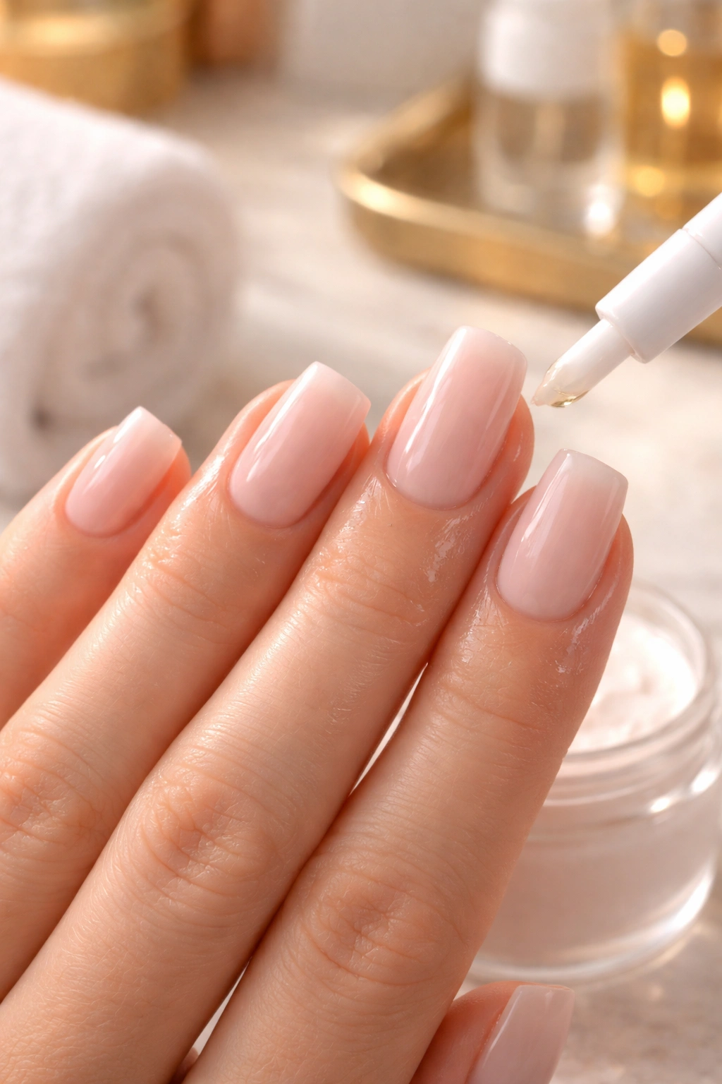 Hand applying moisturizer to cuticles around soft square nails