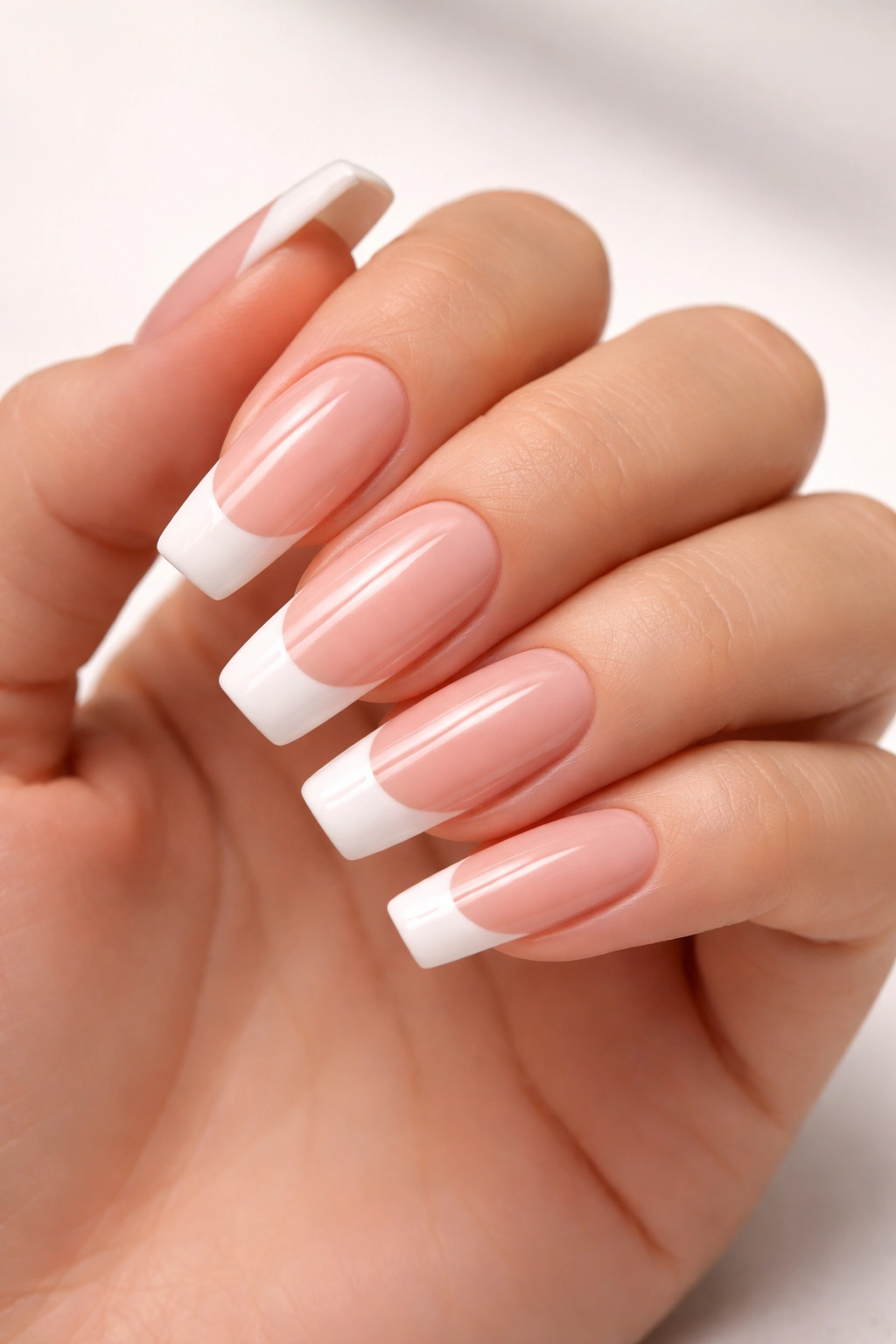 Close-up of long squoval nails with nude base and extended white tips, studio lighting