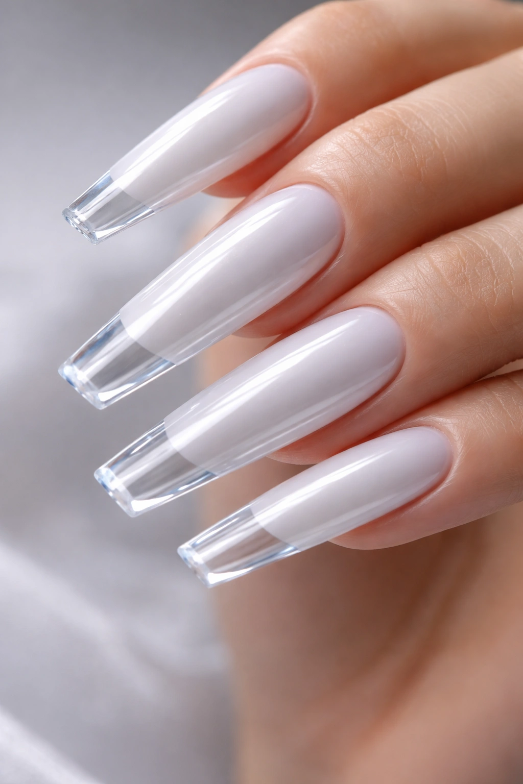 Extra-long ice white chrome nails with glassy transparent edge