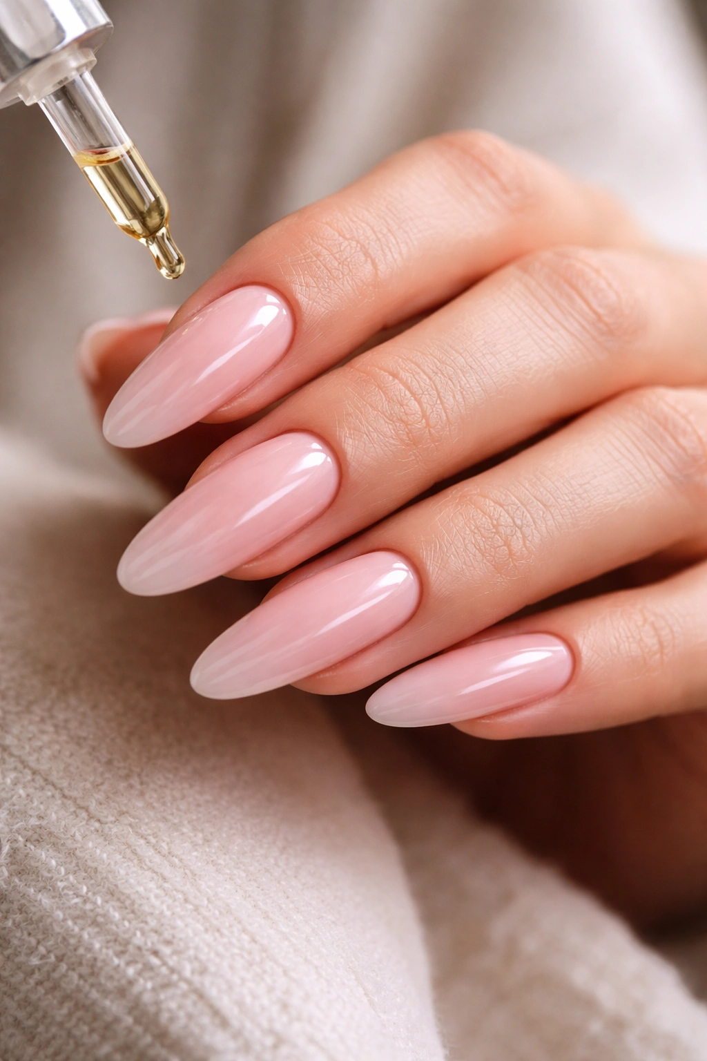Close-up of a hand with an extra-long oval nail set and glossy finish on a neutral background