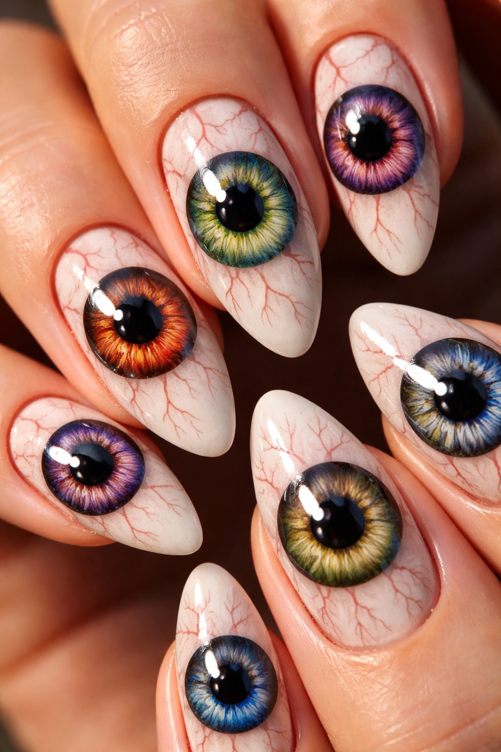 Close-up almond nails featuring a realistic eyeball design with iris, pupil, and red veins