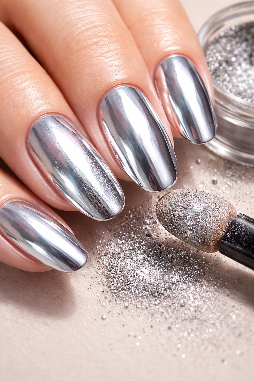 Nails with chrome-like finish achieved using metallic eyeshadow