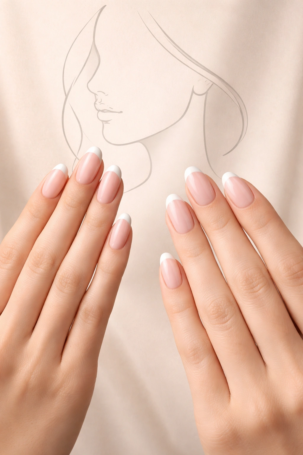 Hands displaying two oval nail shapes with a subtle face silhouette in background