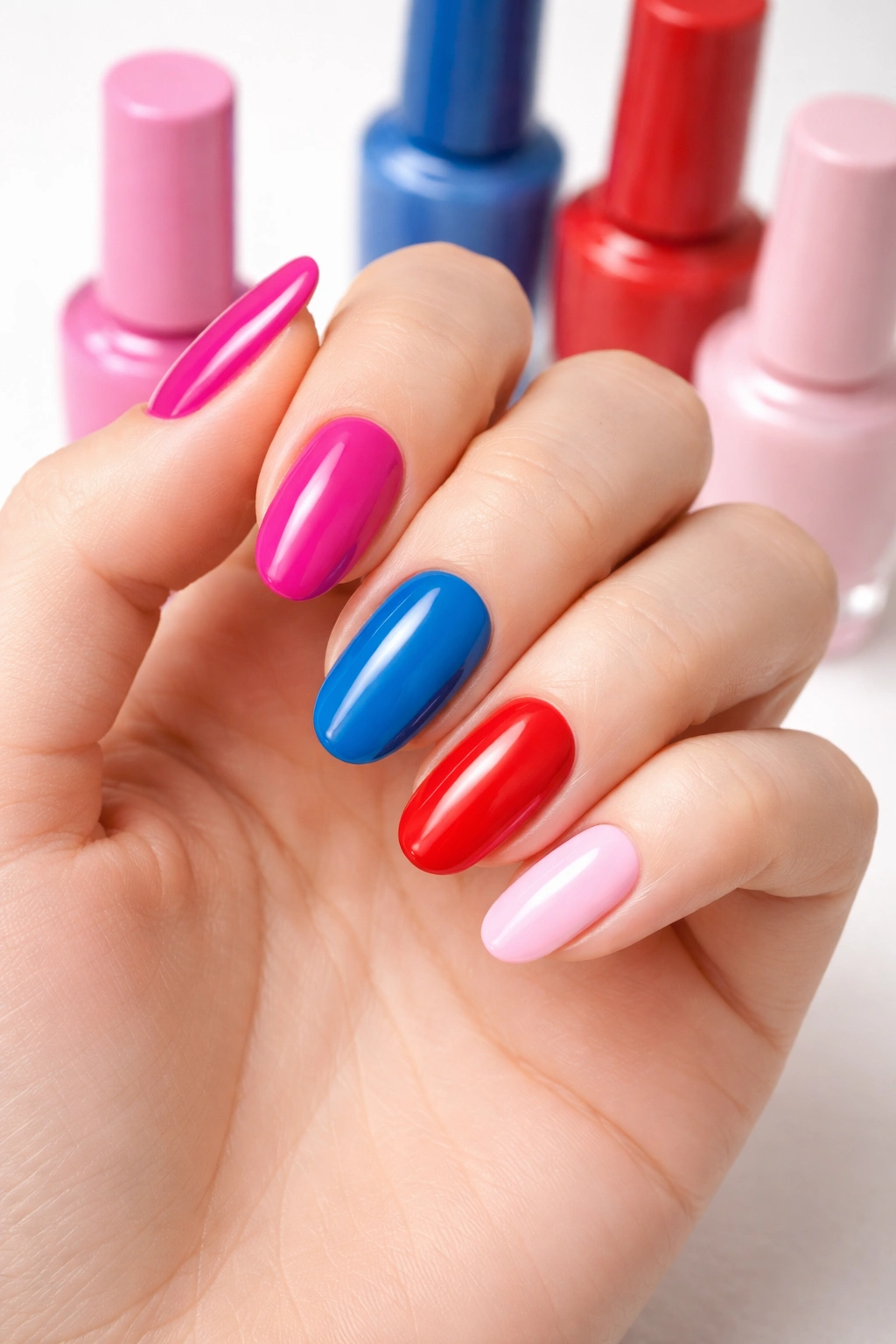 Nails on fair skin painted in bold and pastel shades
