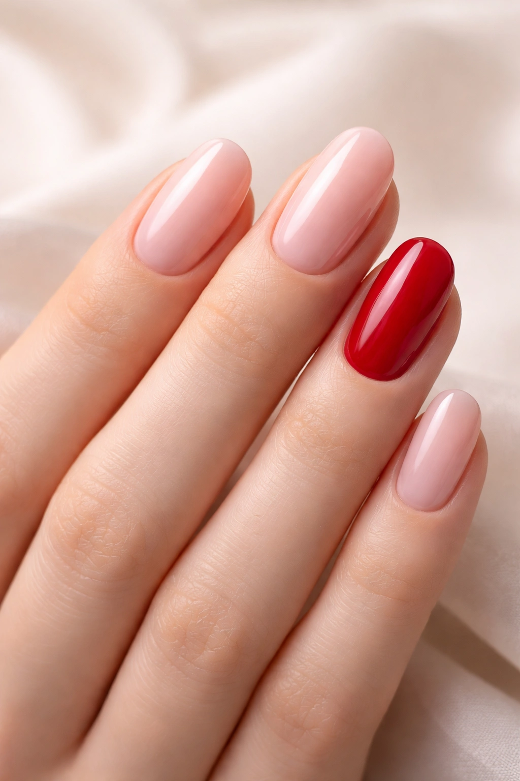 Hand with nails painted in sheer pink, ballet pink and red tones for fair skin