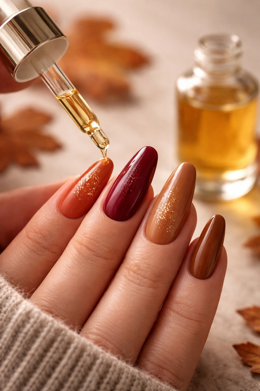 Close-up of hand applying cuticle oil on fall acrylic nails for longevity