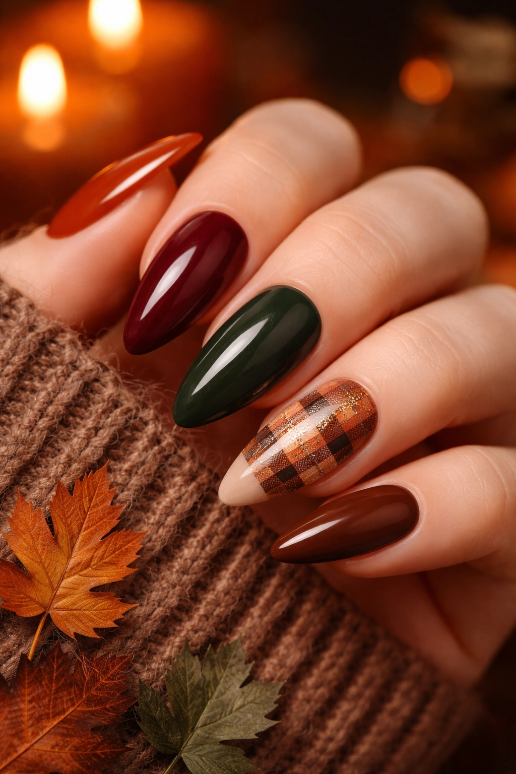 Close-up of autumn-toned almond nails with a subtle accent design