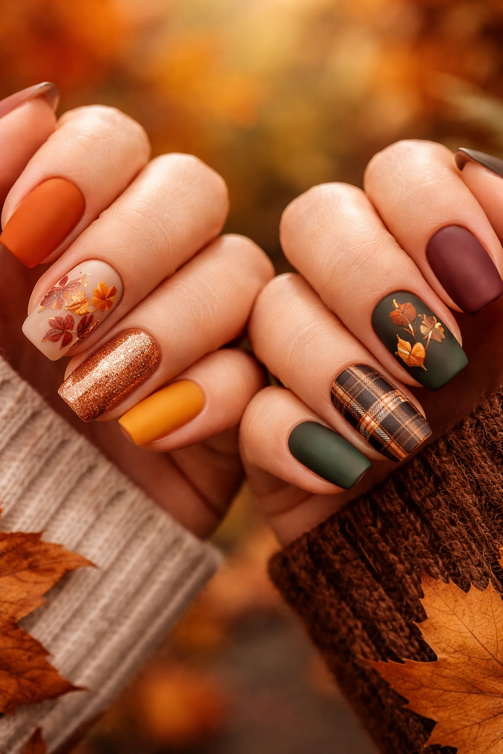 Nails showcasing autumn foliage and fall accents in coordinated sets