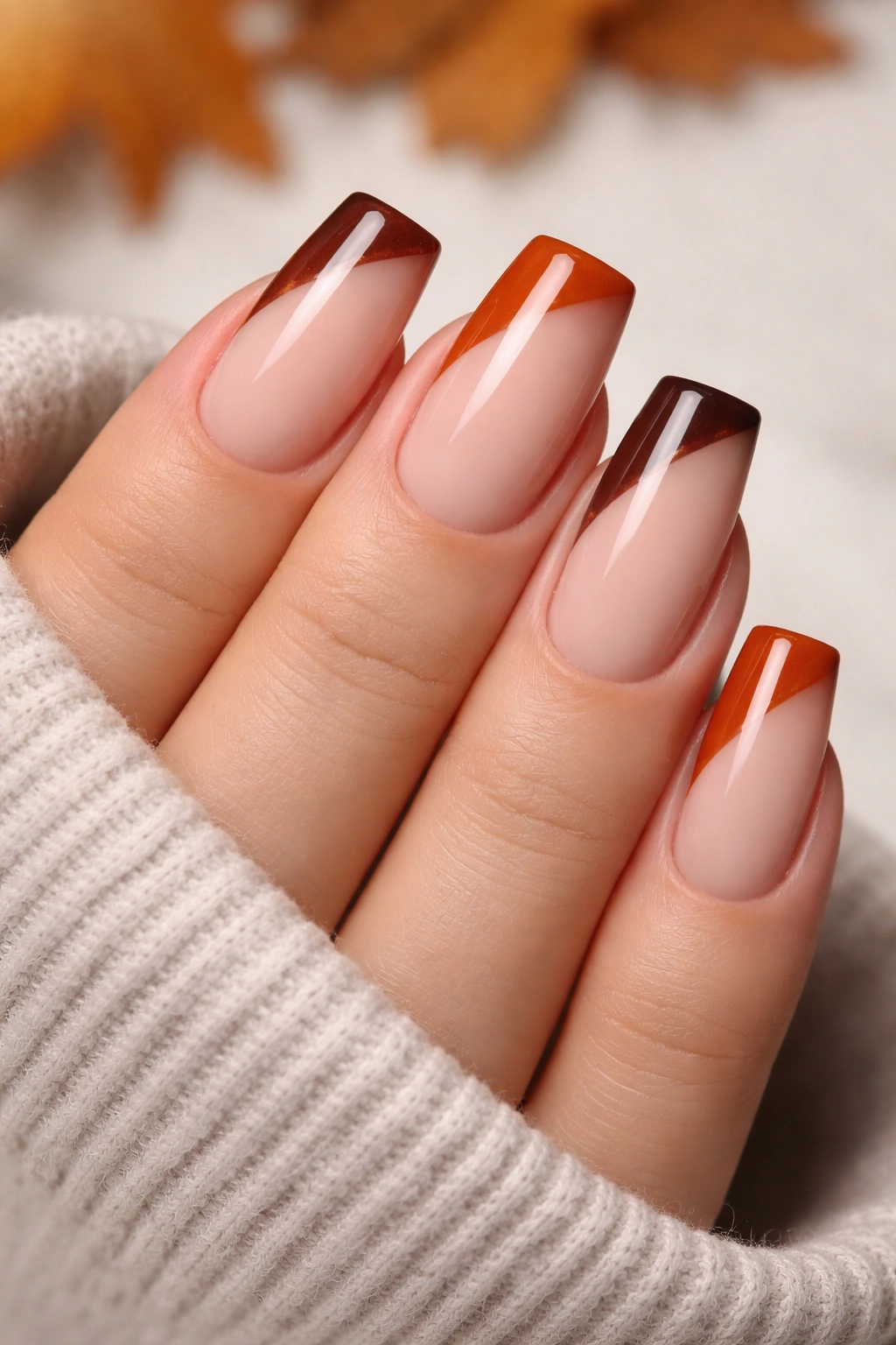 Close-up of square nails with burnt orange and chocolate brown French tips.