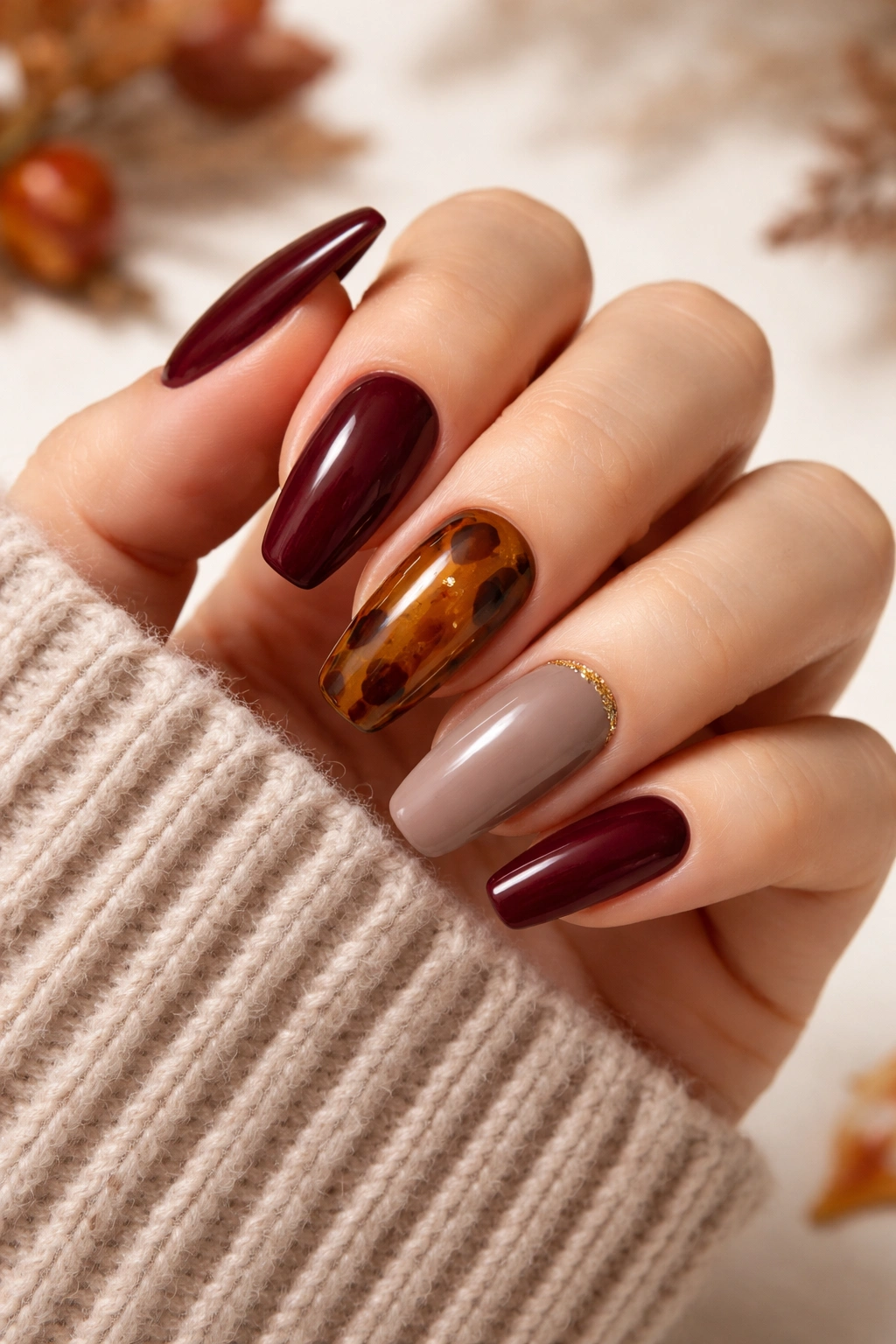 Close-up of hand with fall acrylic nails showing burgundy, tortoiseshell, and matte finishes