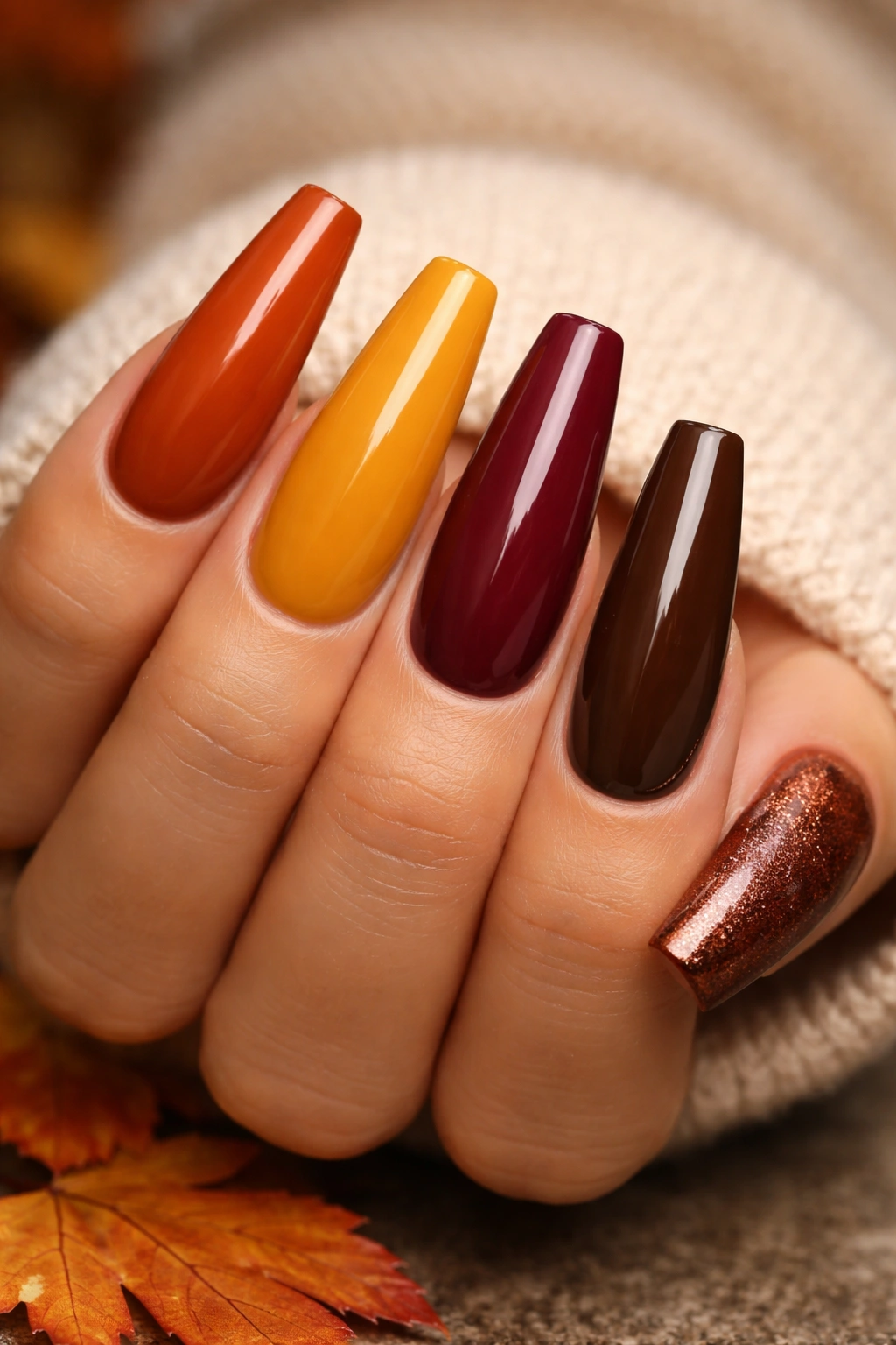 Nails in burnt orange, mustard yellow, burgundy, and brown on a hand
