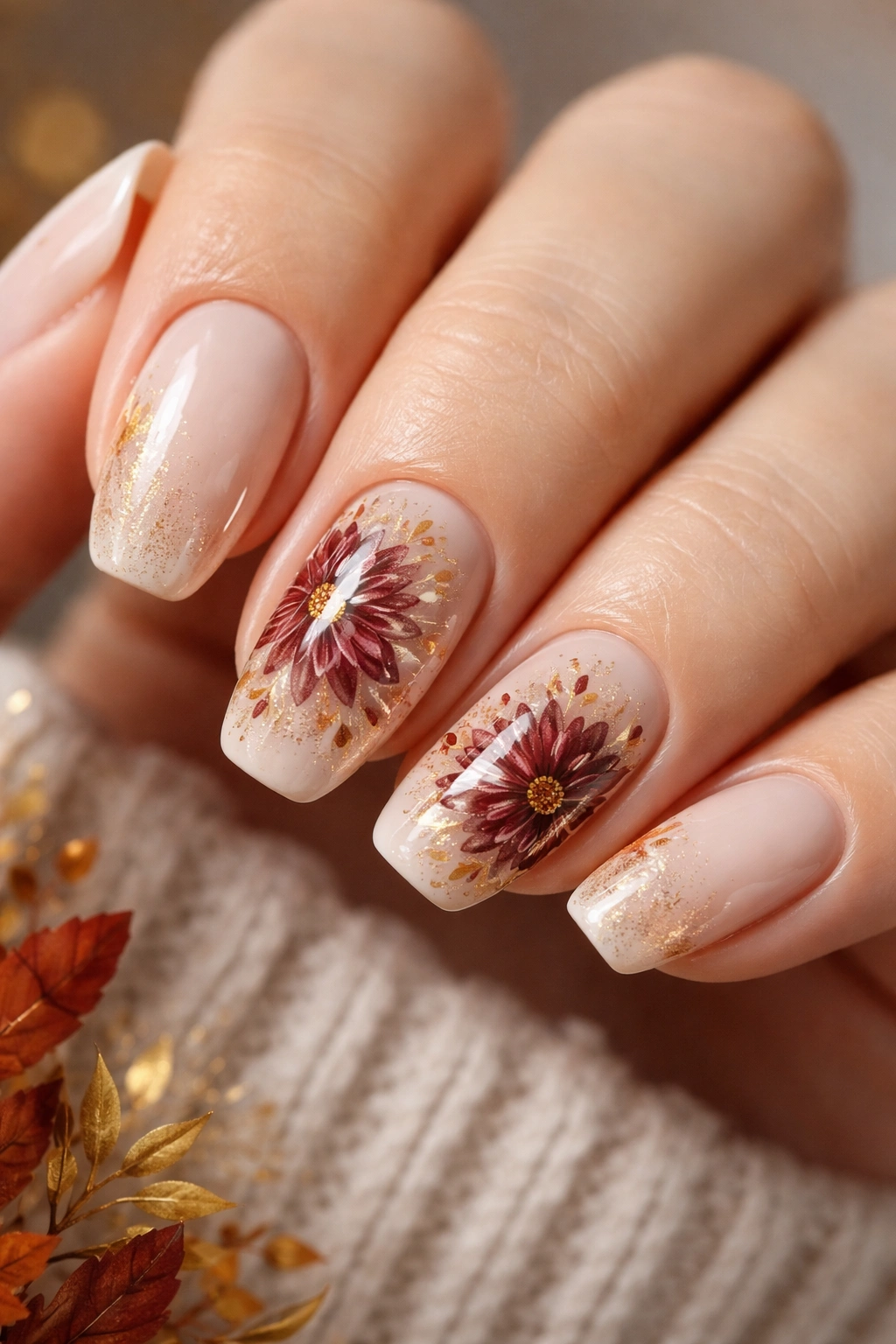 Nails with burgundy floral designs and gold accents on a neutral base