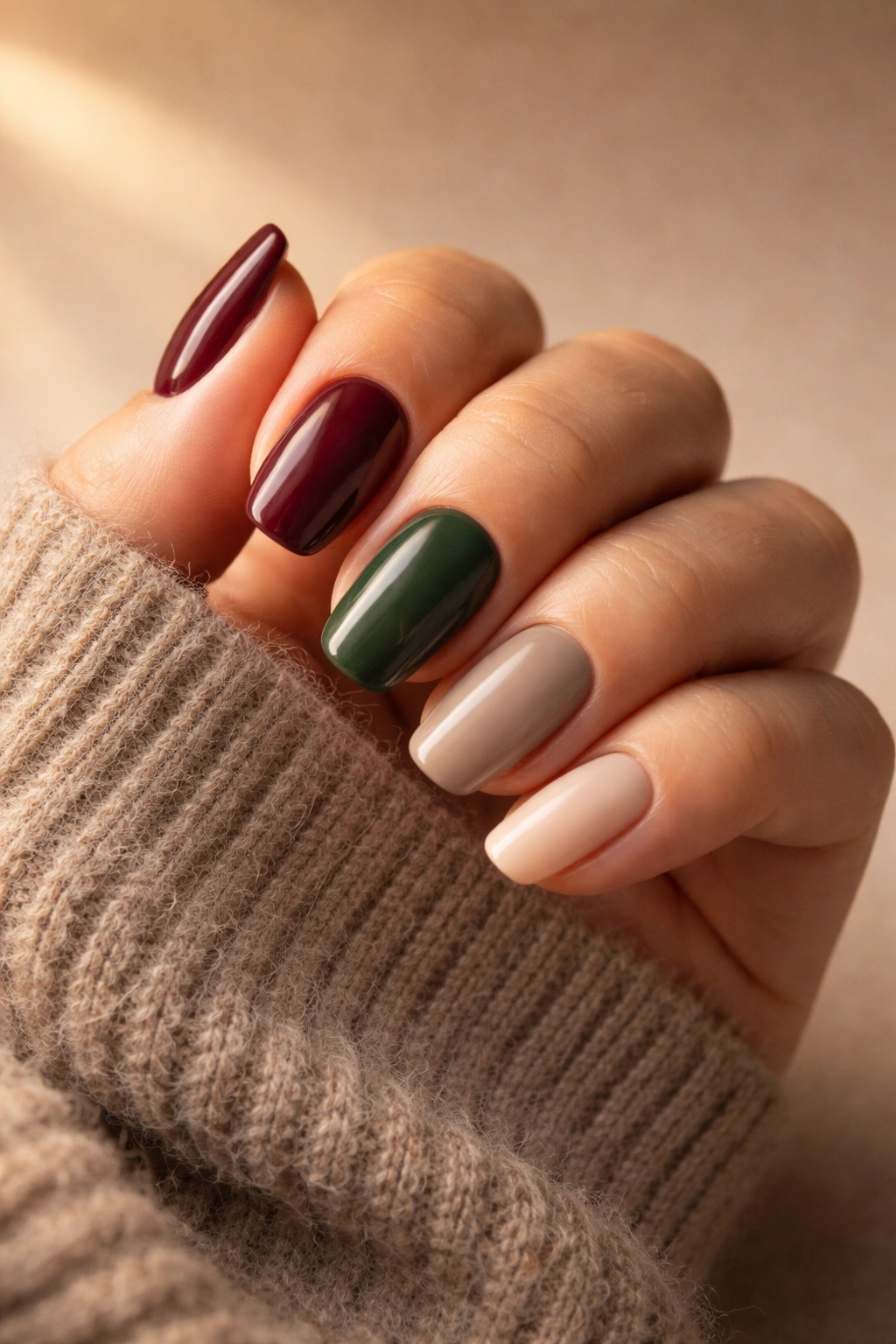 Close-up of fall-inspired nails with burgundy, forest green, and taupe shades